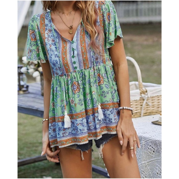 Boho Floral Print Cottagecore Tie Neck Blouse - Picture 6 of 8